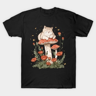 Vintage Cottagecore Nature Aesthetic mushroom Cat Floral Garden Kawaii Kitten T-Shirt